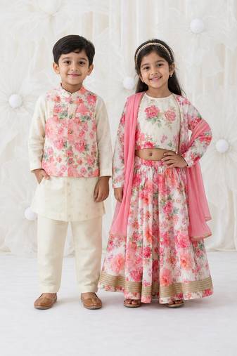 Pink & cream printed cotton & viscose lehenga choli & kurta jacket brother sister matching combo