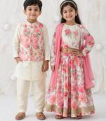 Pink & cream printed cotton & viscose lehenga choli & kurta jacket brother sister matching combo