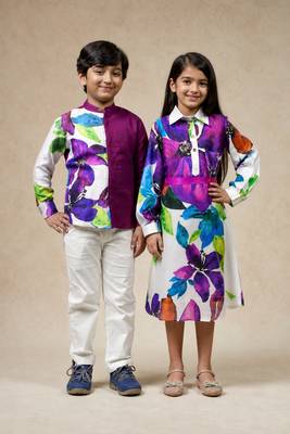 White & wine printed silk & linen dress & shirt brother sister matching combo 1