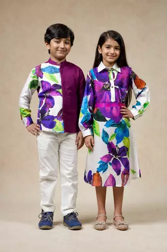 White & wine printed silk & linen dress & shirt brother sister matching combo