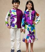 White & wine printed silk & linen dress & shirt brother sister matching combo