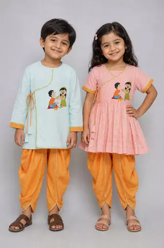Peach & blue embroidered & printed cotton silk dhoti kurta brother sister matching combo