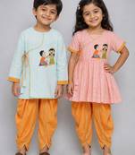 Peach & blue embroidered & printed cotton silk dhoti kurta brother sister matching combo