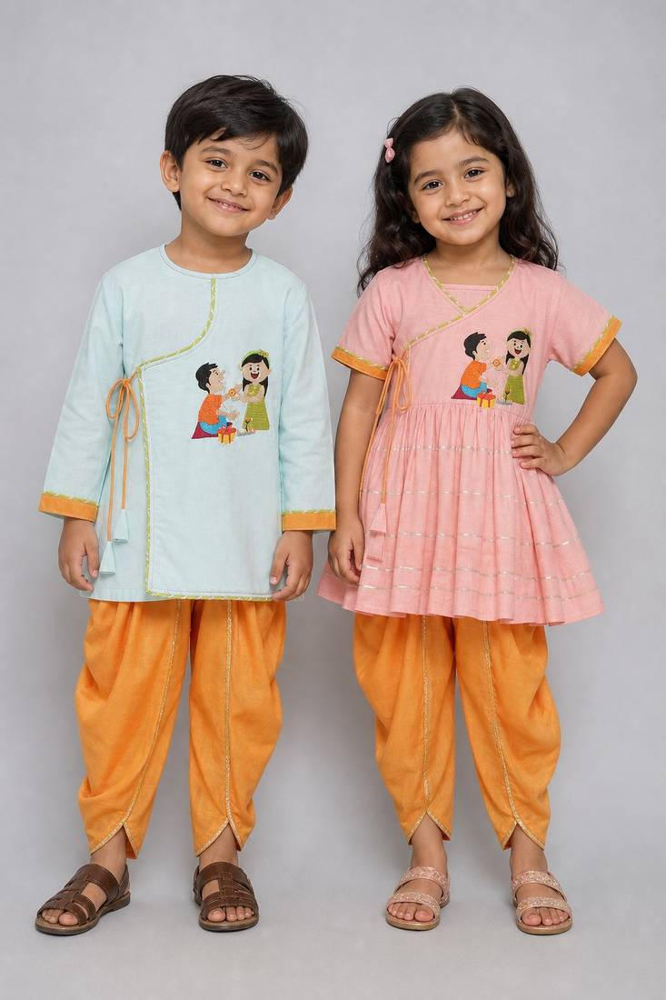 Peach & blue embroidered & printed cotton silk dhoti kurta brother sister matching combo