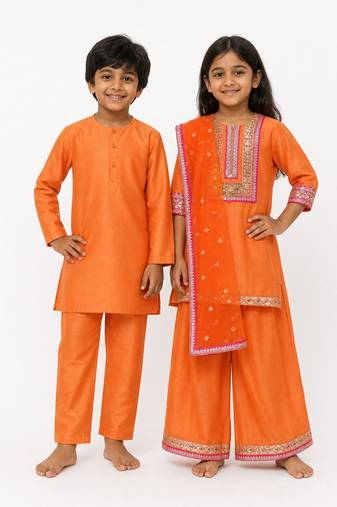 Orange embroidered & solid chanderi sharara set & kurta pyjama brother sister matching combo
