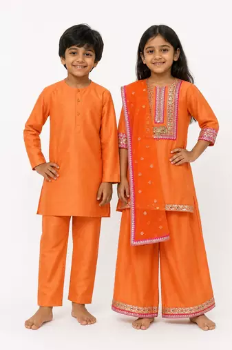 Orange embroidered & solid chanderi sharara set & kurta pyjama brother sister matching combo