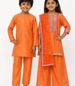 Orange embroidered & solid chanderi sharara set & kurta pyjama brother sister matching combo