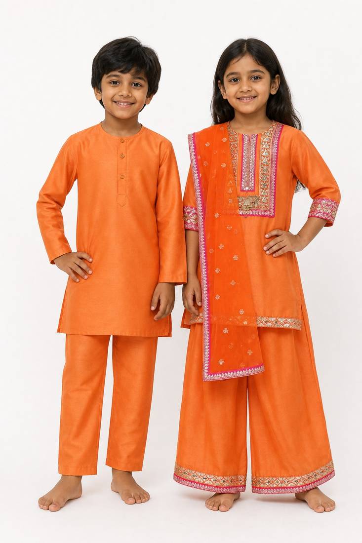 Orange embroidered & solid chanderi sharara set & kurta pyjama brother sister matching combo