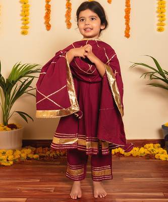 Burgundy handwoven cotton anarkali set & kurta pyjama brother sister matching combo 2