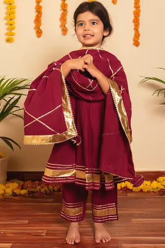 Burgundy handwoven cotton anarkali set & kurta pyjama brother sister matching combo