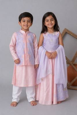 Pink handwoven cotton lehenga choli & bandhgala brother sister matching combo 1