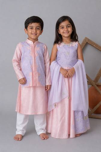 Pink handwoven cotton lehenga choli & bandhgala brother sister matching combo