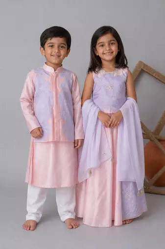 Pink handwoven cotton lehenga choli & bandhgala brother sister matching combo