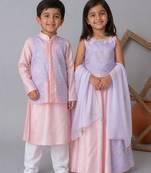 Pink handwoven cotton lehenga choli & bandhgala brother sister matching combo