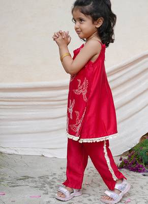 Red embroidered chanderi kurta set & kurta pant brother sister matching combo 2