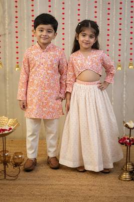 Peach orange block printed cotton skirt set & kurta pyjama brother sister matching combo 1