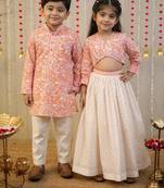 Peach orange block printed cotton skirt set & kurta pyjama brother sister matching combo