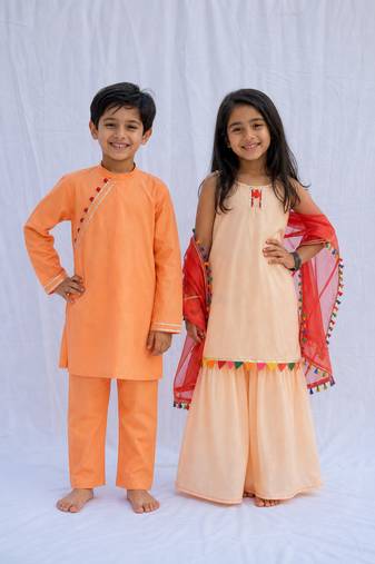 Peach embroidered cotton sharara set & kurta pyjama brother sister matching combo