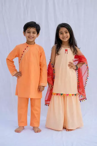 Peach embroidered cotton sharara set & kurta pyjama brother sister matching combo