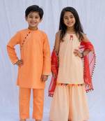 Peach embroidered cotton sharara set & kurta pyjama brother sister matching combo