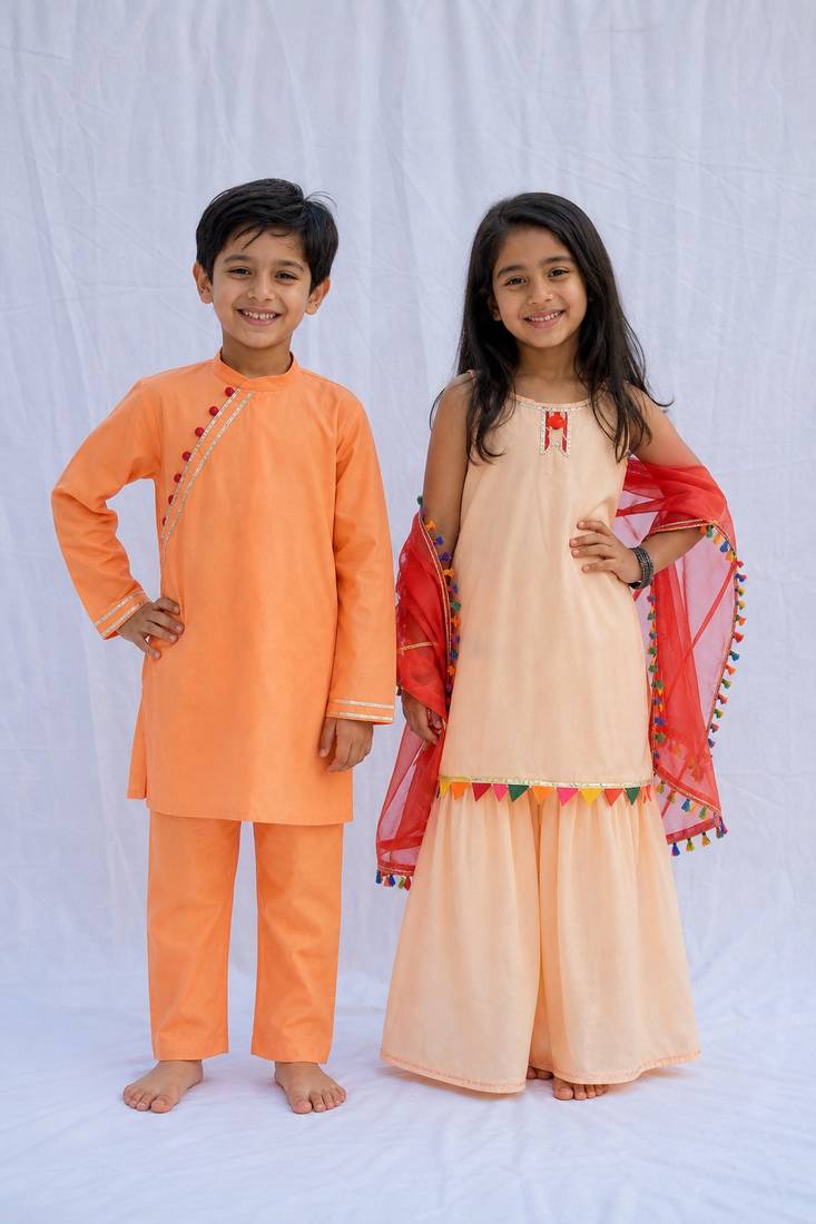Peach embroidered cotton sharara set & kurta pyjama brother sister matching combo