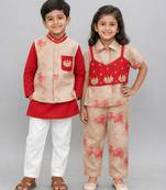 Beige & red embroidered cotton silk indo western set & kurta jacket brother sister matching combo