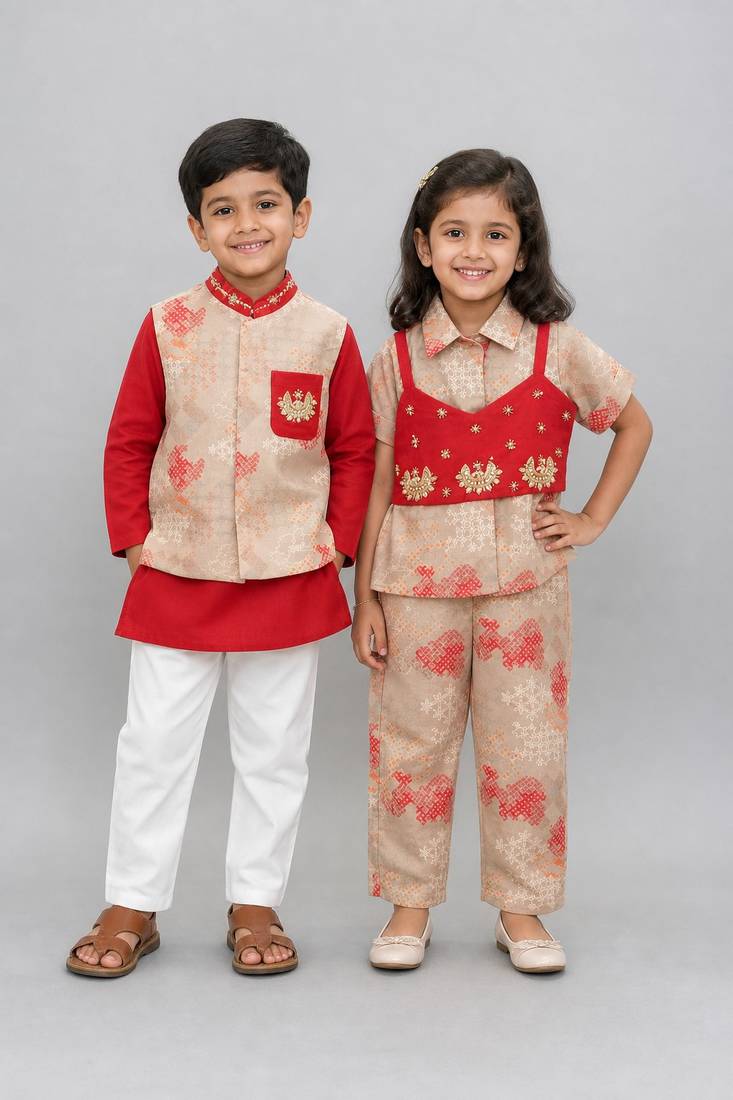 Beige & red embroidered cotton silk indo western set & kurta jacket brother sister matching combo