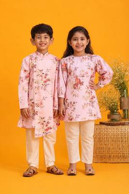 Pink & multicolor printed blended cotton kurta set & kurta pyjama brother sister matching combo 1