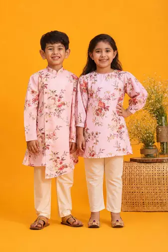 Pink & multicolor printed blended cotton kurta set & kurta pyjama brother sister matching combo