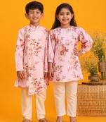 Pink & multicolor printed blended cotton kurta set & kurta pyjama brother sister matching combo