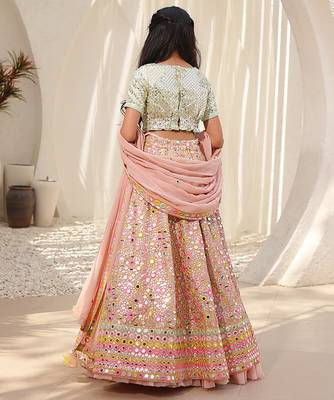 Peach embroidered georgette & cotton lehenga choli & kurta jacket brother sister matching combo 2