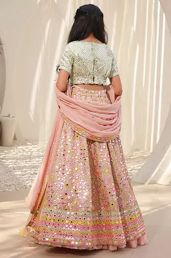 Peach embroidered georgette & cotton lehenga choli & kurta jacket brother sister matching combo