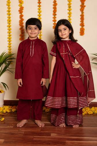 Maroon handwoven cotton anarkali set & kurta pyjama brother sister matching combo