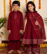Maroon handwoven cotton anarkali set & kurta pyjama brother sister matching combo