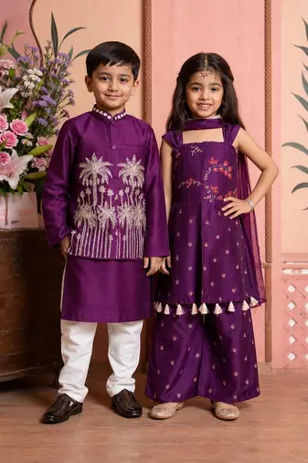 Purple embroidered silk palazzo set & kurta jacket brother sister matching combo