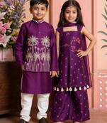 Purple embroidered silk palazzo set & kurta jacket brother sister matching combo