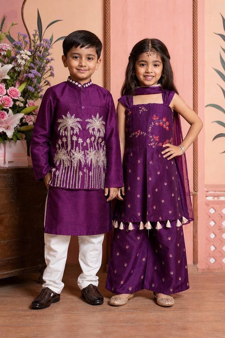 Purple embroidered silk palazzo set & kurta jacket brother sister matching combo