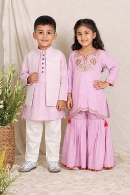 Lavender embroidered silk sharara set & kurta jacket brother sister matching combo 1