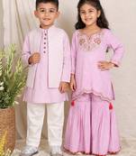 Lavender embroidered silk sharara set & kurta jacket brother sister matching combo