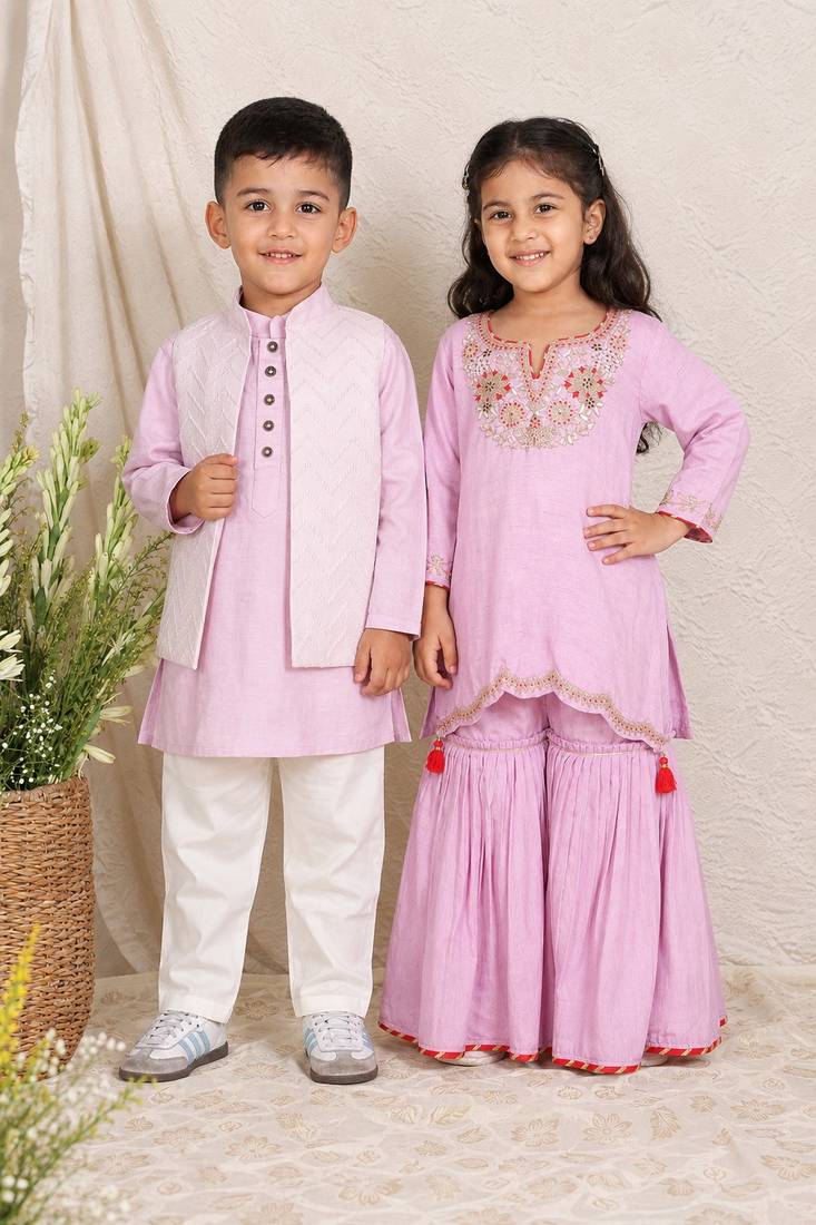 Lavender embroidered silk sharara set & kurta jacket brother sister matching combo