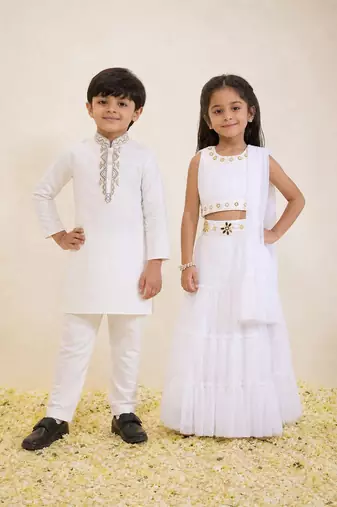 White solid & embroidered silk lehenga choli & kurta pant brother sister matching combo