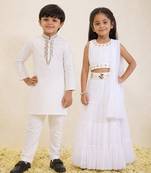 White solid & embroidered silk lehenga choli & kurta pant brother sister matching combo