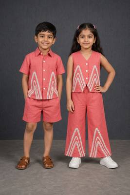 Dark pink & deep pink embroidered cotton co-ord set brother sister matching combo 1