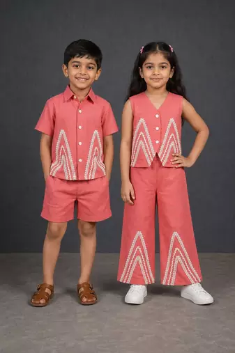 Dark pink & deep pink embroidered cotton co-ord set brother sister matching combo