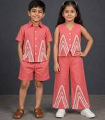 Dark pink & deep pink embroidered cotton co-ord set brother sister matching combo