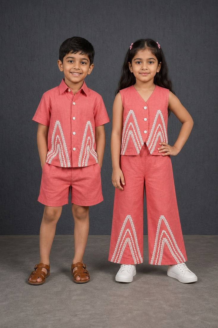 Dark pink & deep pink embroidered cotton co-ord set brother sister matching combo