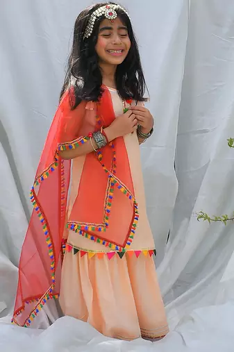 Peach embroidered cotton sharara set & kurta pyjama brother sister matching combo