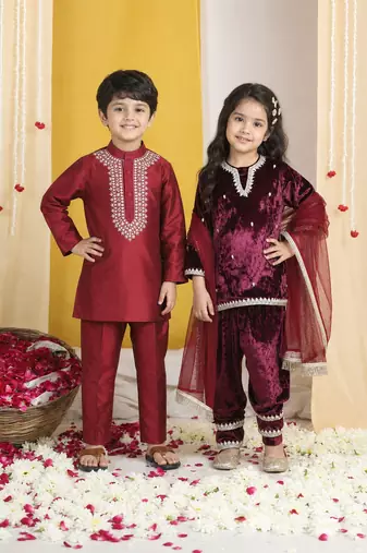 Maroon zari embroidered velvet & silk salwar suit & kurta pyjama brother sister matching combo