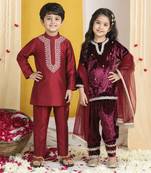 Maroon zari embroidered velvet & silk salwar suit & kurta pyjama brother sister matching combo