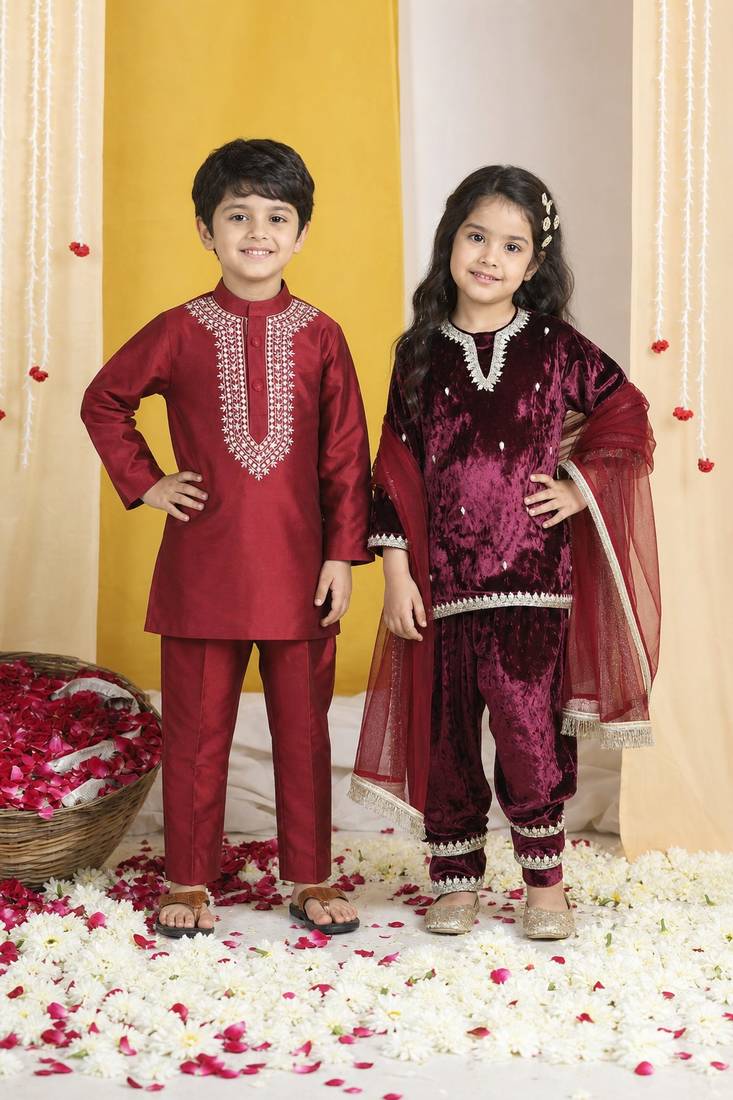 Maroon zari embroidered velvet & silk salwar suit & kurta pyjama brother sister matching combo